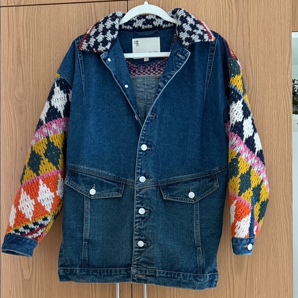 Anthropologie Pilcro Crochet Denim sweater Jacket with Patterned Sleeves XS - Picture 11 of 12